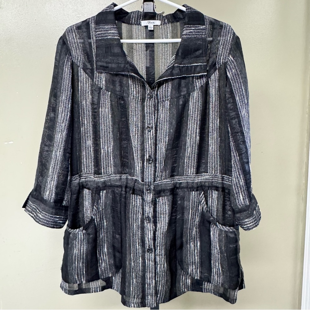 Flair Black Silver Striped Women's Button Down Sheer Blouse Shirt Tie Back Sz L
